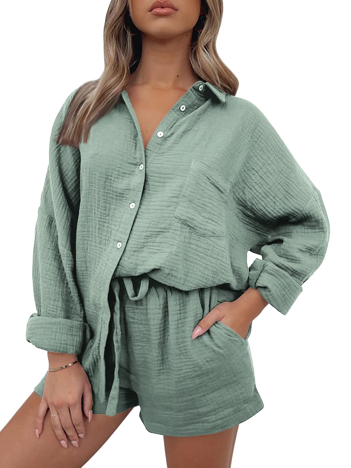 AUTOMET 2 Piece Sets For Women Lounge Wear Matching Two Piece Pajama Fashion Oversized Shirts And Shorts Spring Outfit 2025