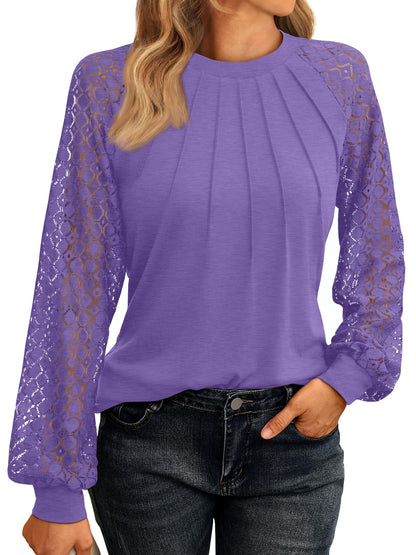 AUTOMET Womens Long Sleeve Shirts Pleated Lace Tops Fall Fashion Outfits Business Casual Blouses