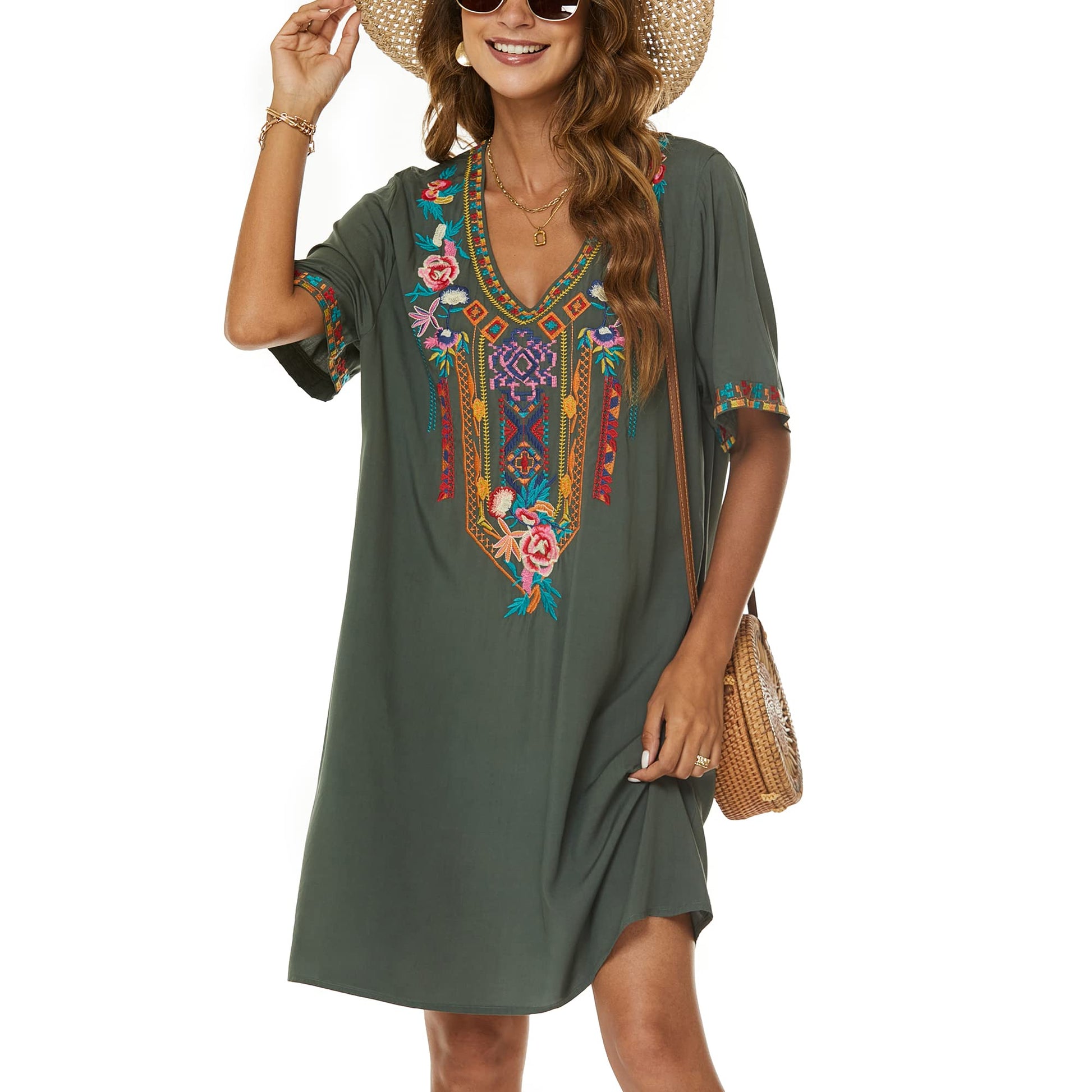 Grosy Women's Embroidered Mexican Peasant Dresses, Plus Size Fiesta Boho Dress for Women, Traditional Floral Bohemian Tunic