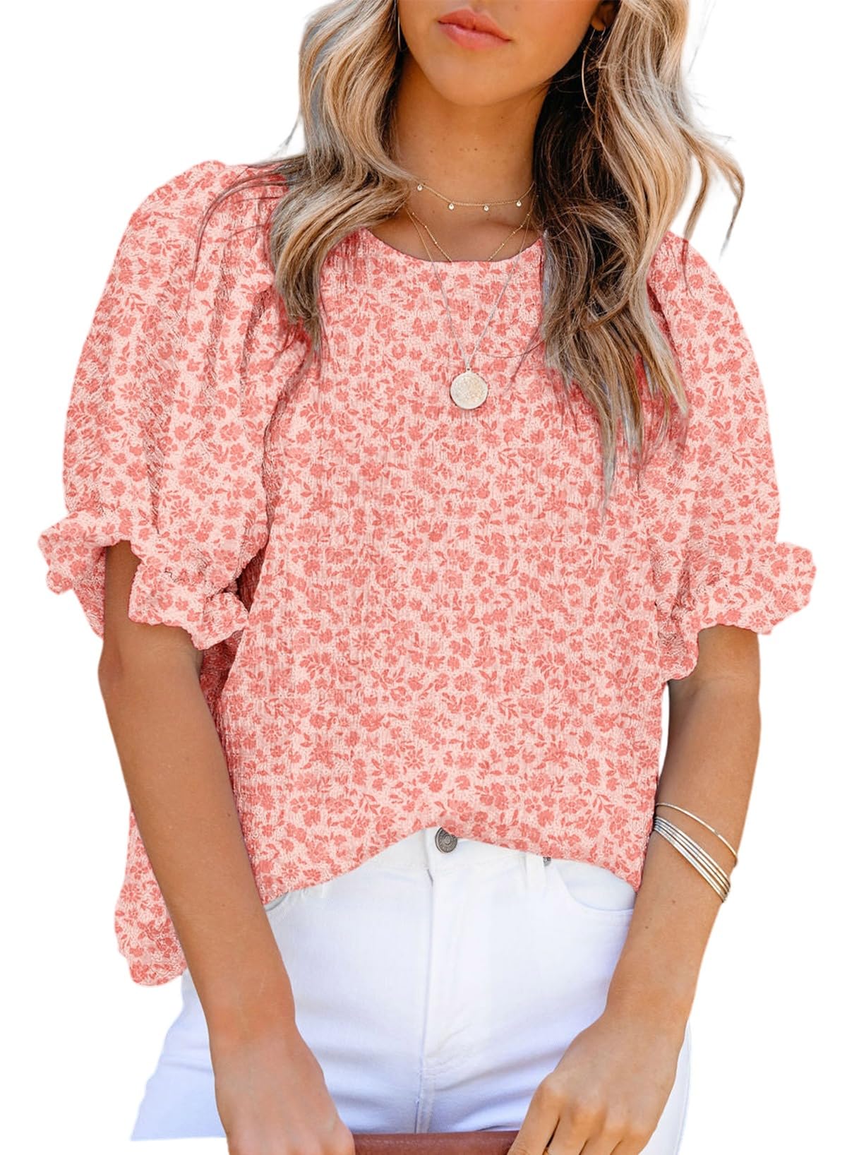 Dokotoo Floral Print Blouses for Women Crewneck Smocked Puff Sleeve Shirts Casual Babydoll Tops