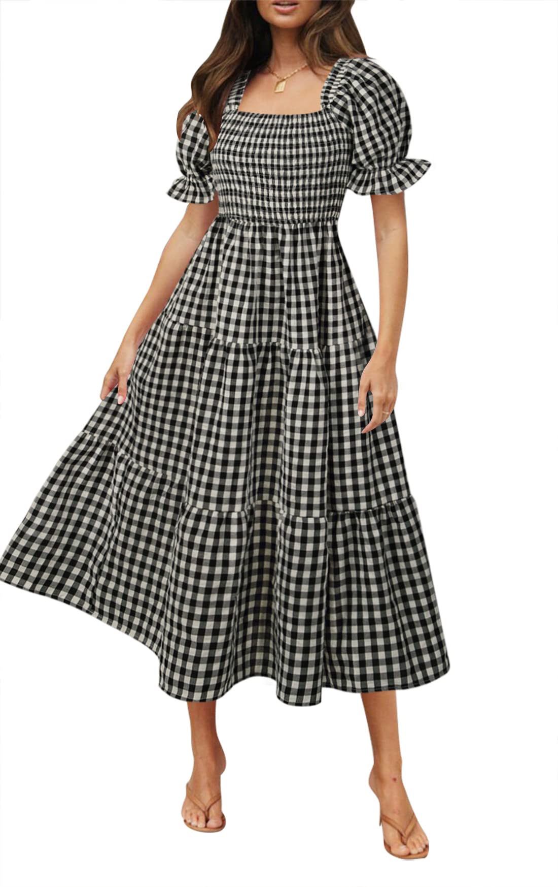 ZESICA Women's 2025 Bohemian Summer Plaid Square Neck Puff Sleeve Ruffle Flowy Beach Midi Dress