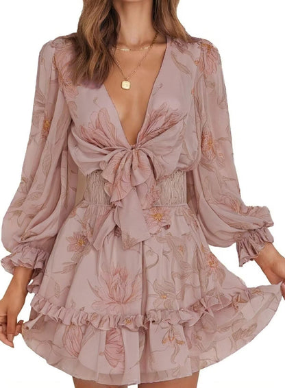 Dokotoo Womens Casual Spring Fall 2025 Deep V Neck Knotted Tiered Chiffon Elegant Mini Short Swing Skater Dresses