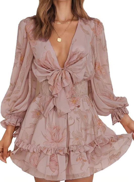 Dokotoo Womens Casual Spring Fall 2025 Deep V Neck Knotted Tiered Chiffon Elegant Mini Short Swing Skater Dresses