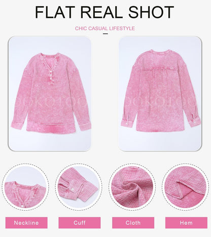 Dokotoo Womens Casual Button V Neck Long Sleeve Shirts Oversized Solid Blouses Tops