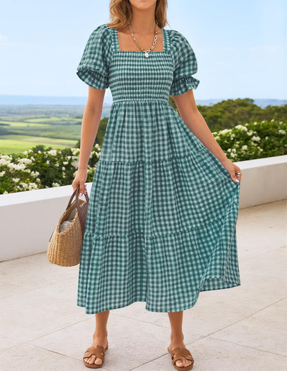 ZESICA Women's 2025 Bohemian Summer Plaid Square Neck Puff Sleeve Ruffle Flowy Beach Midi Dress