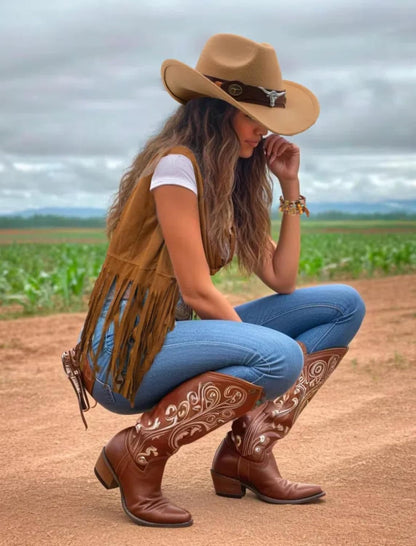 6 PC Cowgirl Western Outfits for Women Retro Cowgirl Costumes Fringe Vest Cow Girl Hat for Women Country 70s Hippie Outits