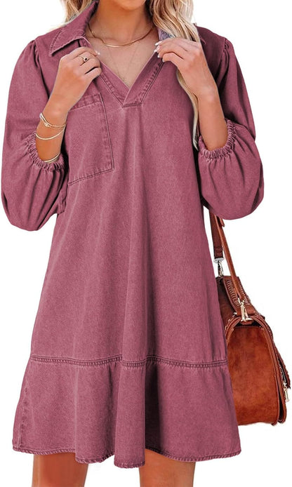Dokotoo Denim Dress for Women Fashion Fall Casual Babydoll 2025 V Neck 3/4 Puff Sleeve Jean Dresses