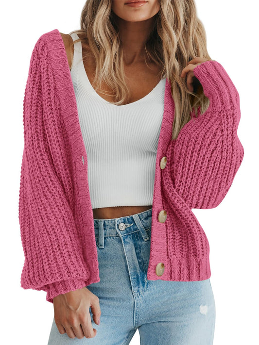 PRETTYGARDEN Women's Chunky Knit Open Front Sweater Long Sleeve Button Loose Short Cardigan Outerwear Coats