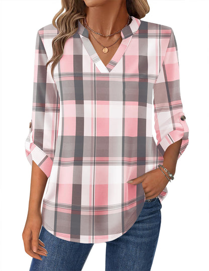 Zeagoo Womens Roll Up Long Sleeve Tops V Neck Shirts Dressy Casual Work Blouses S-2XL