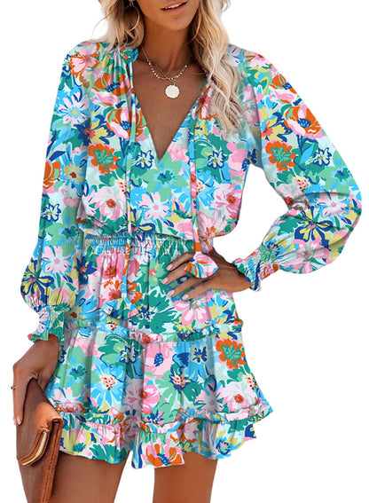 Dokotoo Fall Dresses for Women 2025 Boho Floral Drawstring V Neck Smocked Long Sleeve Ruffle Tiered Chiffon Mini Dress