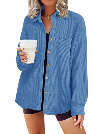 HOTOUCH Waffle Button Down Shirts for Women Dressy Casual Work Shacket V Neck Long Sleeve Lightweight Tops with Pocket