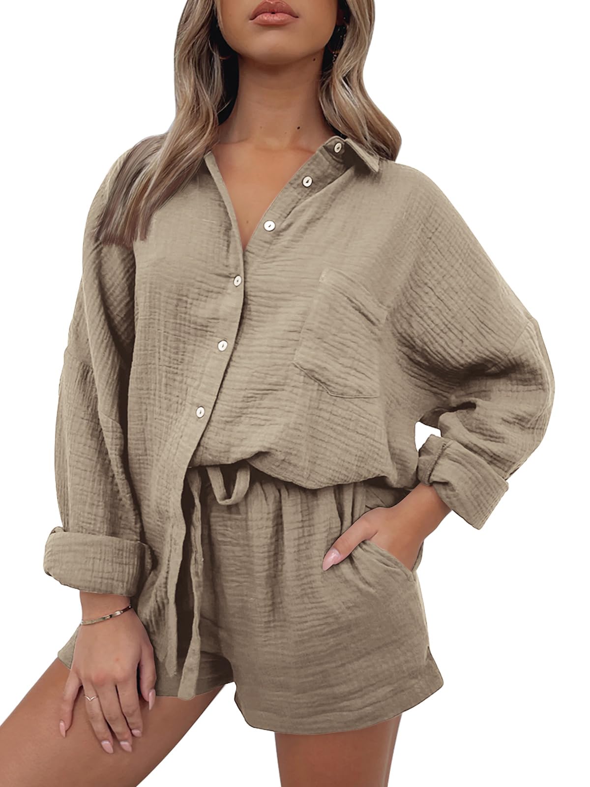 AUTOMET 2 Piece Sets For Women Lounge Wear Matching Two Piece Pajama Fashion Oversized Shirts And Shorts Spring Outfit 2025