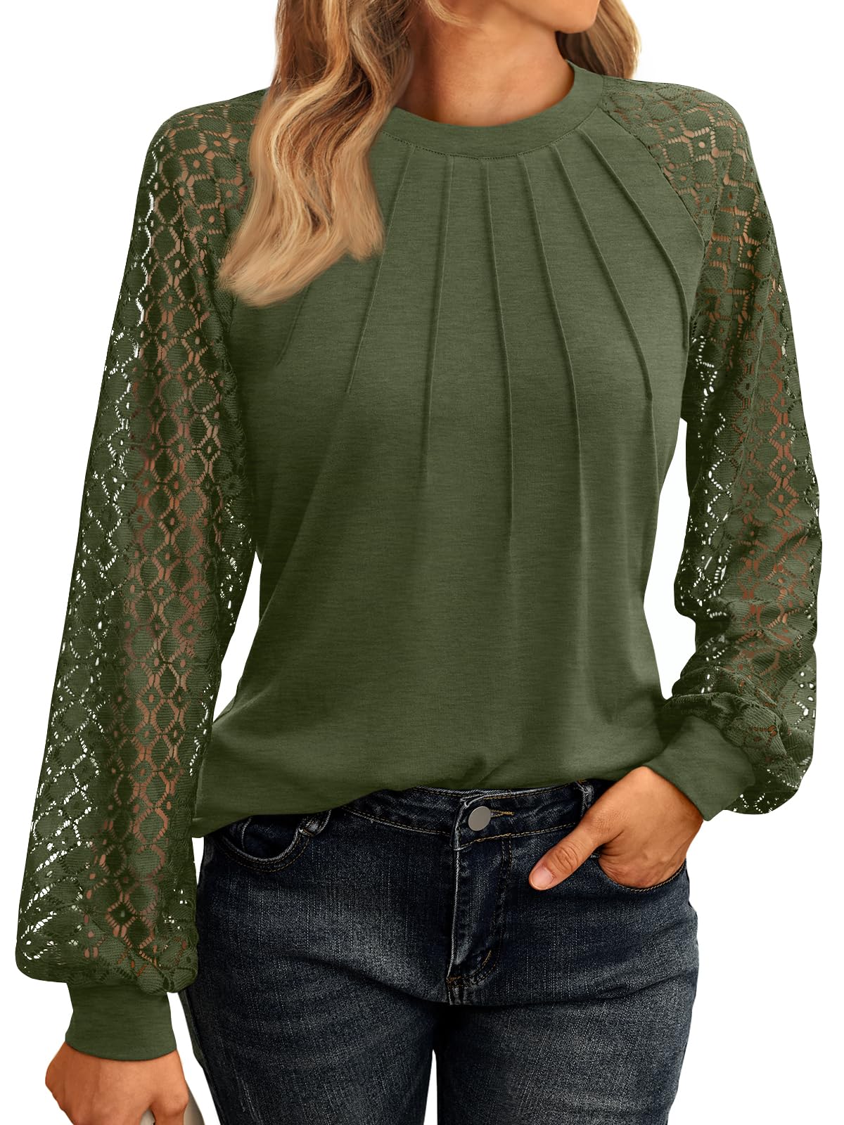 AUTOMET Womens Long Sleeve Shirts Pleated Lace Tops Fall Fashion Outfits Business Casual Blouses