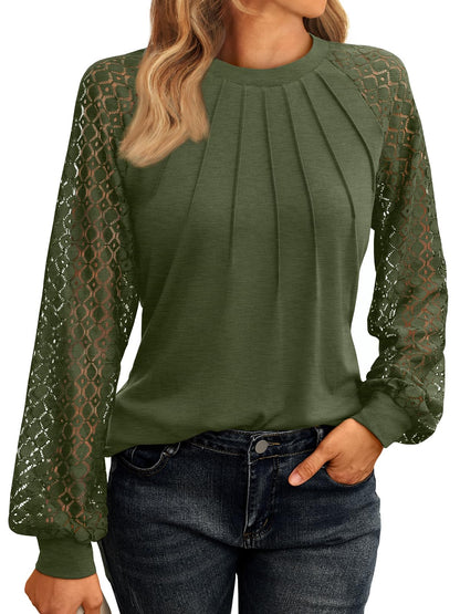 AUTOMET Womens Long Sleeve Shirts Pleated Lace Tops Fall Fashion Outfits Business Casual Blouses