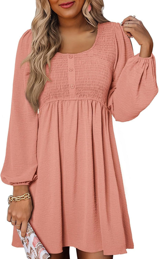 Dokotoo Womens 2025 Casual Dresses Smocked Crewneck Button Up Long Sleeve Empire Waist A-Line Mini Dress