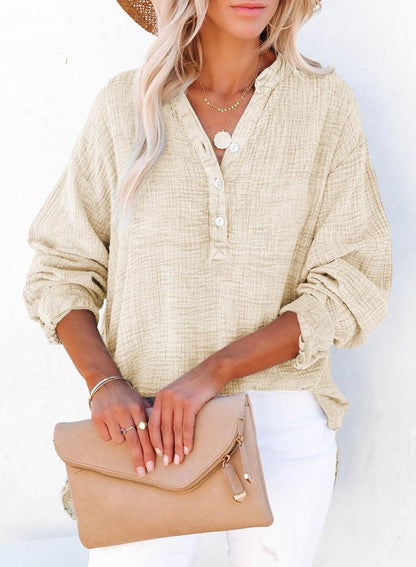 Dokotoo Womens Casual Button V Neck Long Sleeve Shirts Oversized Solid Blouses Tops