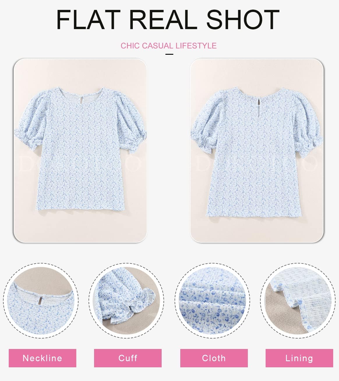 Dokotoo Floral Print Blouses for Women Crewneck Smocked Puff Sleeve Shirts Casual Babydoll Tops