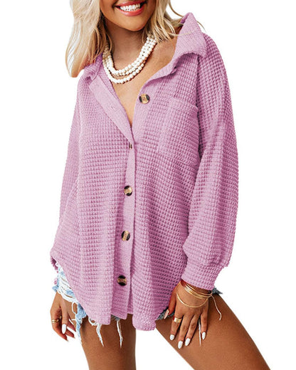 Dokotoo Womens Waffle Knit Shacket Jacket Casual Long Sleeve Button Down Shirts Dressy Blouses Tops