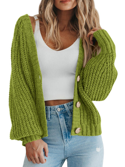 PRETTYGARDEN Women's Chunky Knit Open Front Sweater Long Sleeve Button Loose Short Cardigan Outerwear Coats