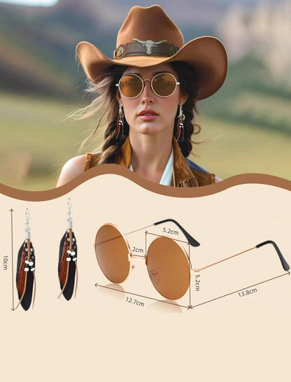 6 PC Cowgirl Western Outfits for Women Retro Cowgirl Costumes Fringe Vest Cow Girl Hat for Women Country 70s Hippie Outits