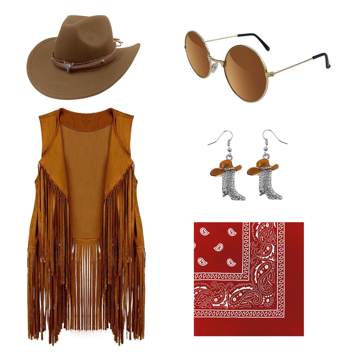 HyperFun Cowgirl Outfits for Women Western Costume Accessories Cowboy Hat Tassels Fringe Vest Earring Hippie Glasses Bandana