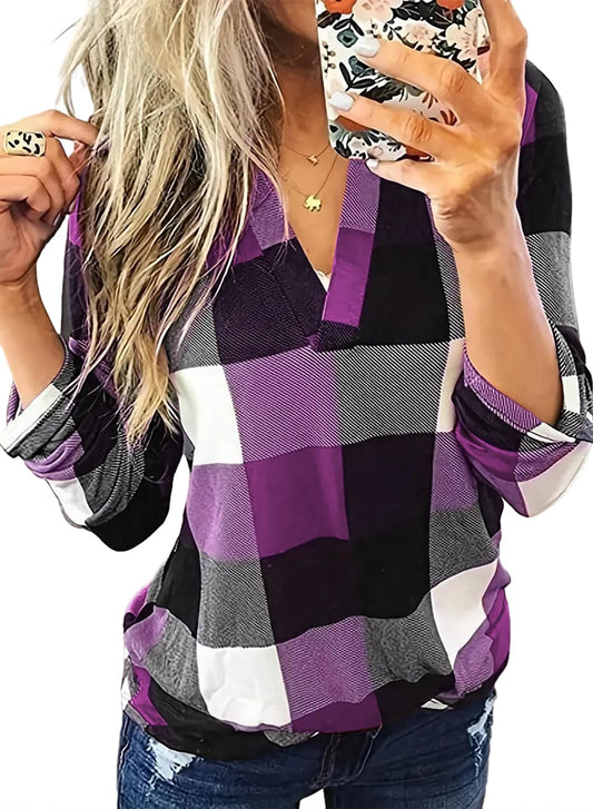 Dokotoo Womens Basic Casual V Neck Plaid Print Cuffed Long Sleeve Work Tops Blouses Shirts S-3XL