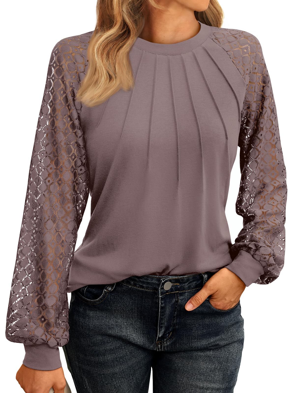 AUTOMET Womens Long Sleeve Shirts Pleated Lace Tops Fall Fashion Outfits Business Casual Blouses