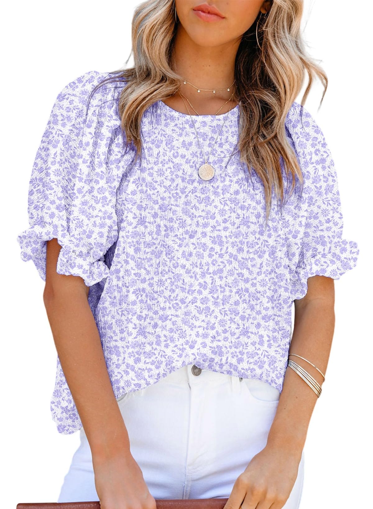 Dokotoo Floral Print Blouses for Women Crewneck Smocked Puff Sleeve Shirts Casual Babydoll Tops