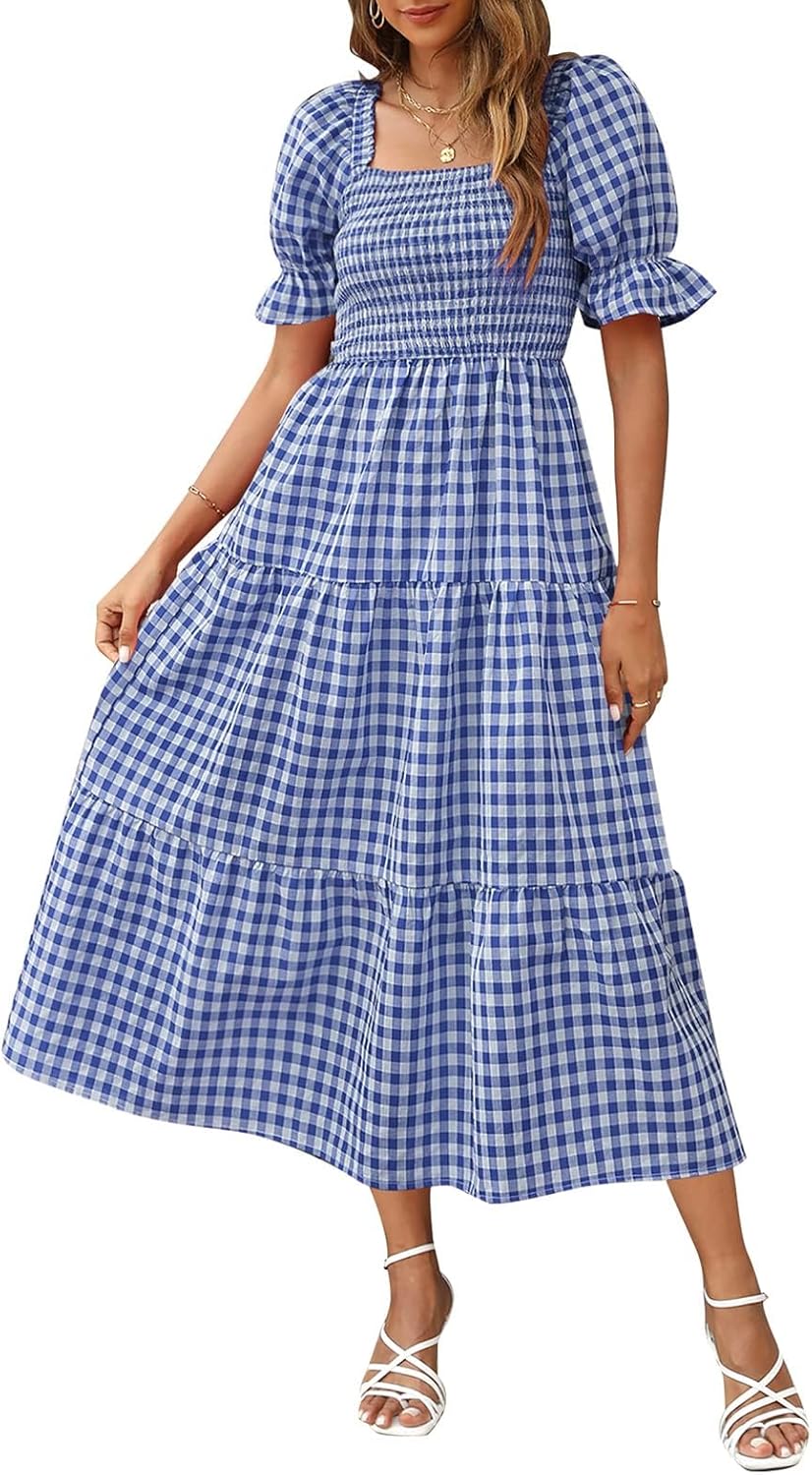 ZESICA Women's 2025 Bohemian Summer Plaid Square Neck Puff Sleeve Ruffle Flowy Beach Midi Dress