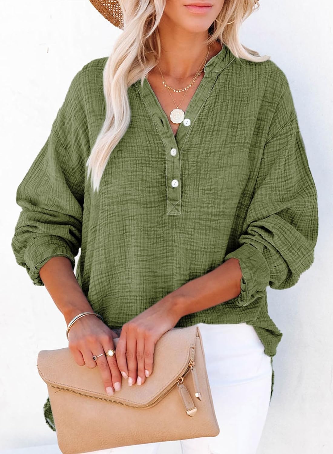 Dokotoo Womens Casual Button V Neck Long Sleeve Shirts Oversized Solid Blouses Tops