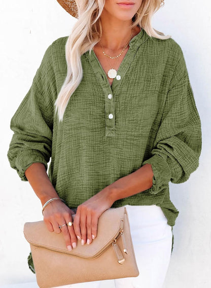 Dokotoo Womens Casual Button V Neck Long Sleeve Shirts Oversized Solid Blouses Tops