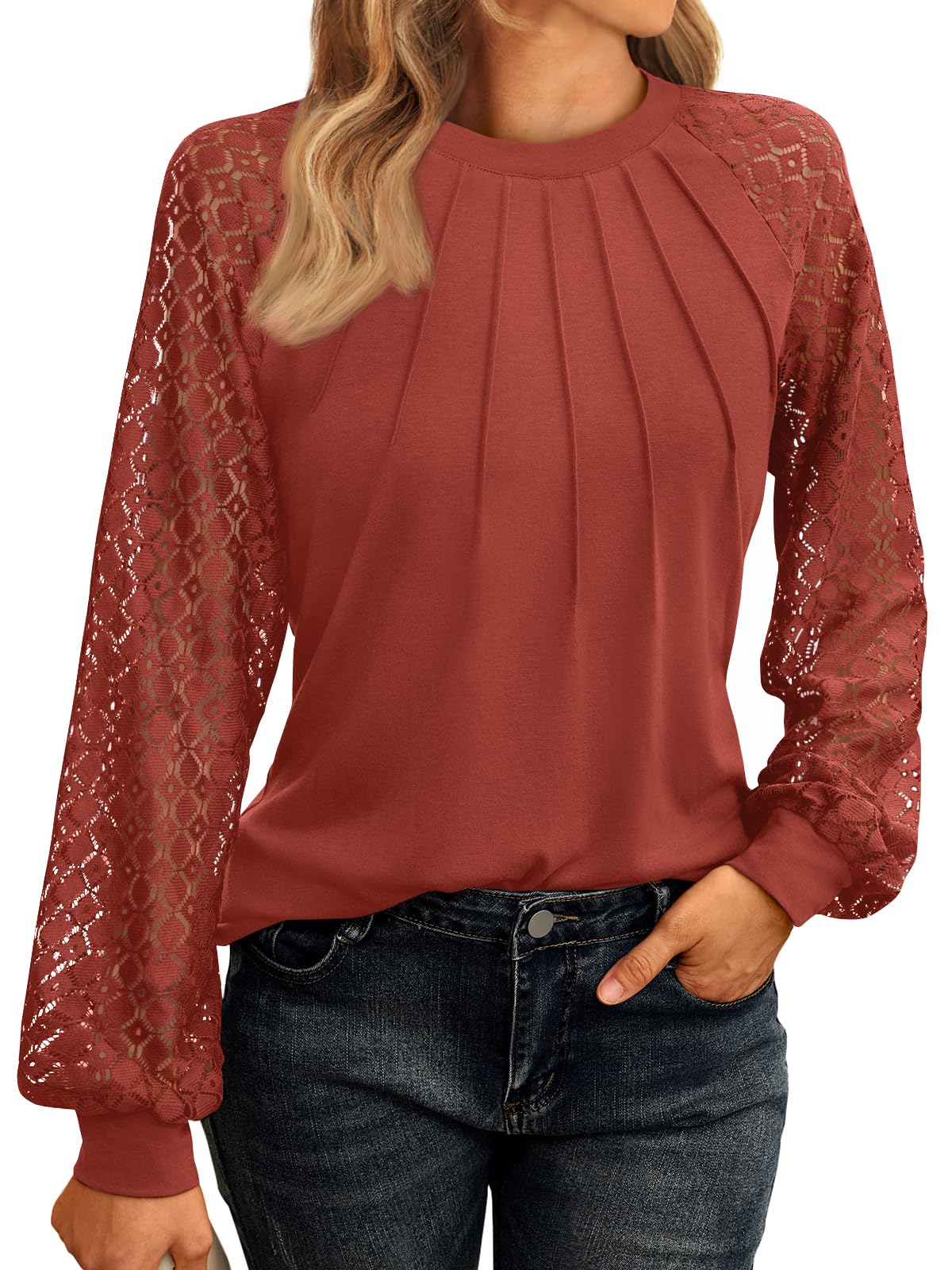 AUTOMET Womens Long Sleeve Shirts Pleated Lace Tops Fall Fashion Outfits Business Casual Blouses