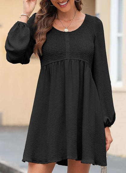 Dokotoo Womens 2025 Casual Dresses Smocked Crewneck Button Up Long Sleeve Empire Waist A-Line Mini Dress