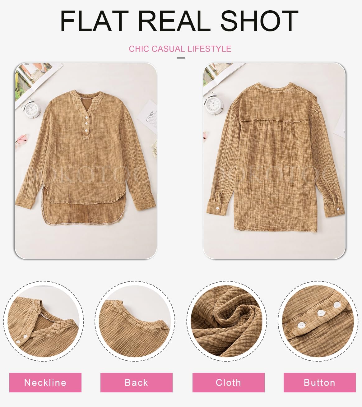 Dokotoo Womens Casual Button V Neck Long Sleeve Shirts Oversized Solid Blouses Tops