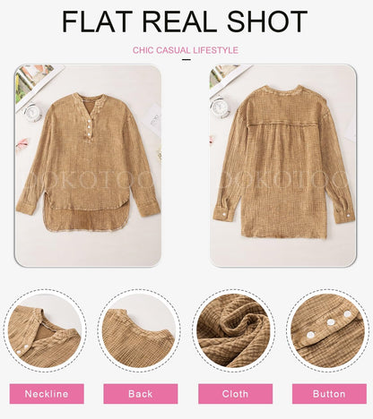 Dokotoo Womens Casual Button V Neck Long Sleeve Shirts Oversized Solid Blouses Tops