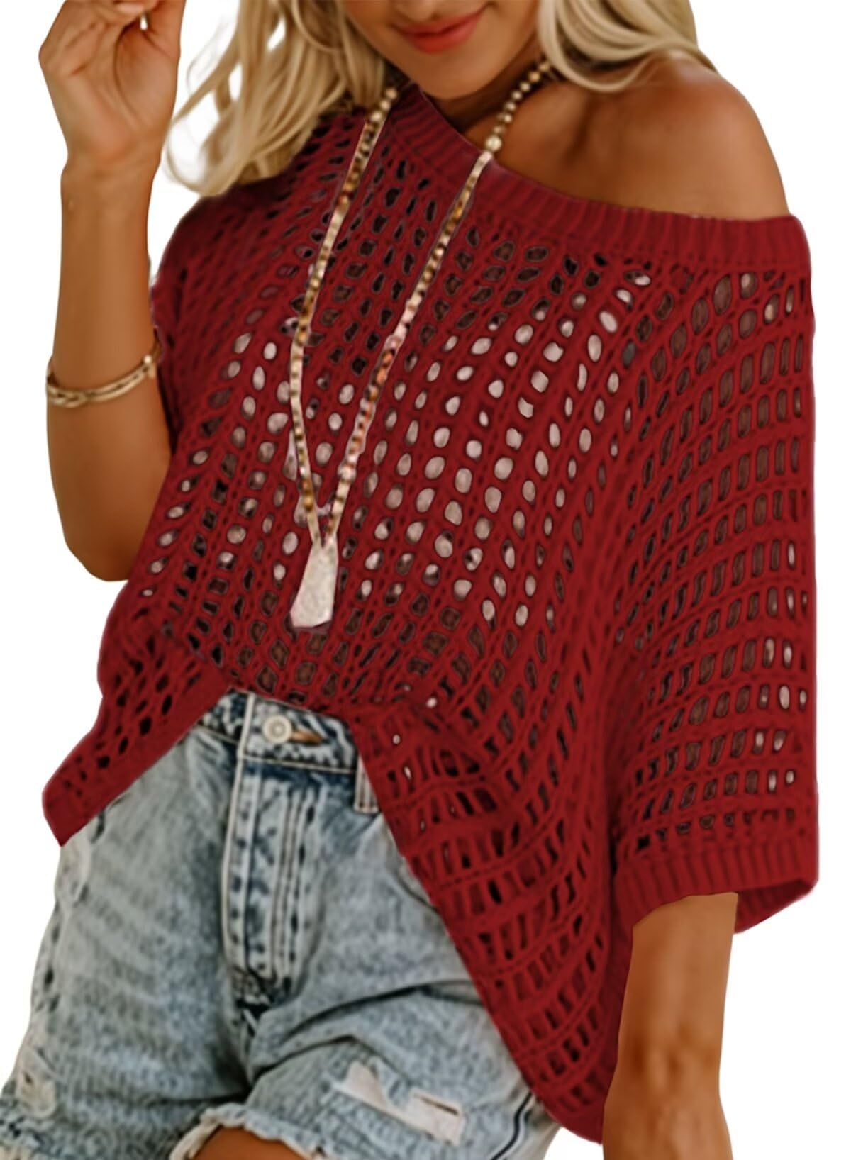 Dokotoo Womens Summer Scoop Neck Short Sleeve Sweater Casual Crochet Hollow Out Knit Tops Pullover Shirts Beach Coverup
