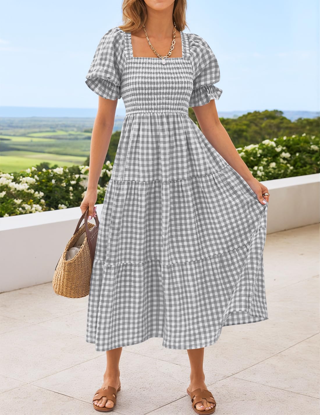 ZESICA Women's 2025 Bohemian Summer Plaid Square Neck Puff Sleeve Ruffle Flowy Beach Midi Dress