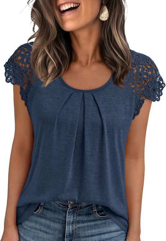 AUTOMET Womens Lace Tops Pleated Short Sleeve Shirts Summer Business Casual Dressy Blouses