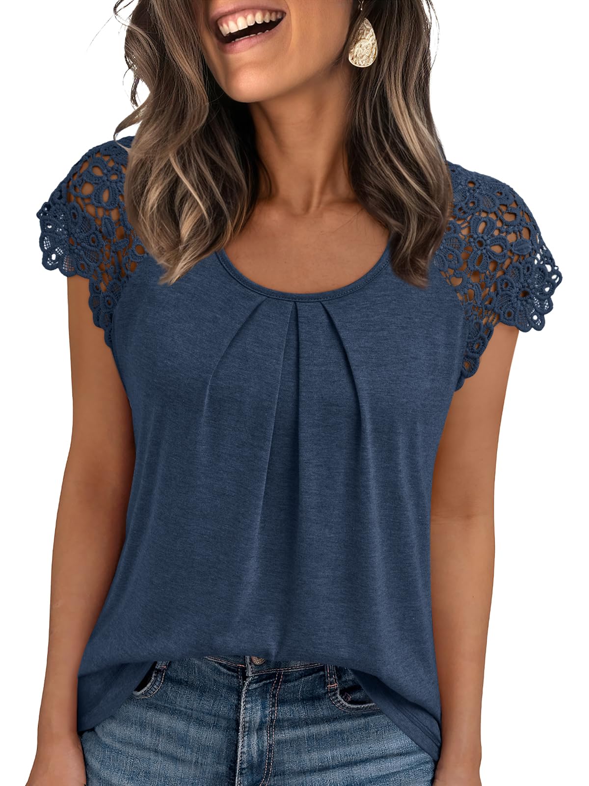 AUTOMET Womens Lace Tops Pleated Short Sleeve Shirts Summer Business Casual Dressy Blouses