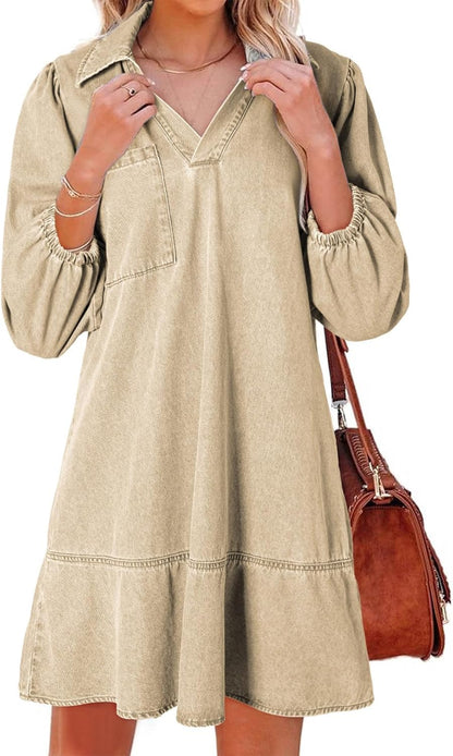 Dokotoo Denim Dress for Women Fashion Fall Casual Babydoll 2025 V Neck 3/4 Puff Sleeve Jean Dresses