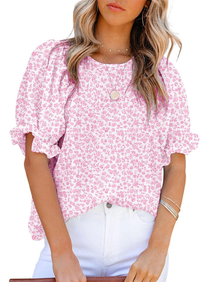 Dokotoo Floral Print Blouses for Women Crewneck Smocked Puff Sleeve Shirts Casual Babydoll Tops