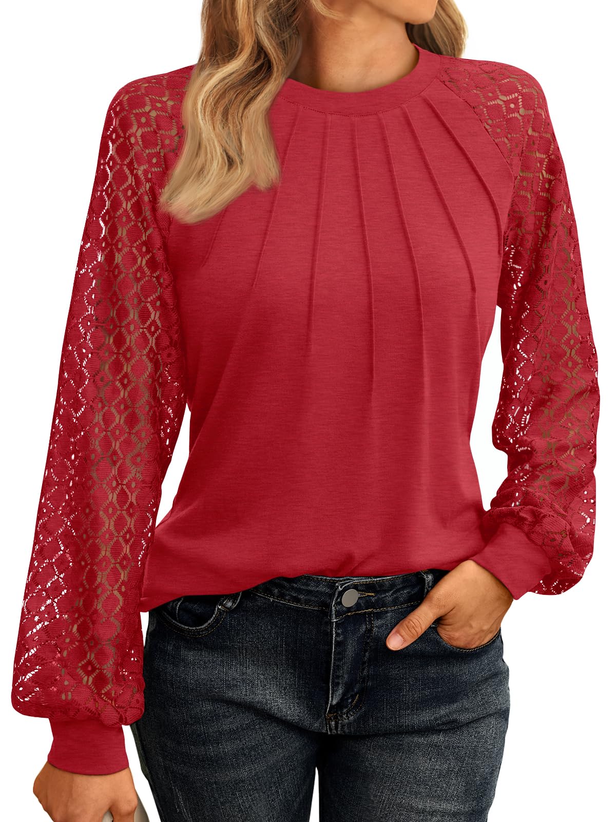 AUTOMET Womens Long Sleeve Shirts Pleated Lace Tops Fall Fashion Outfits Business Casual Blouses