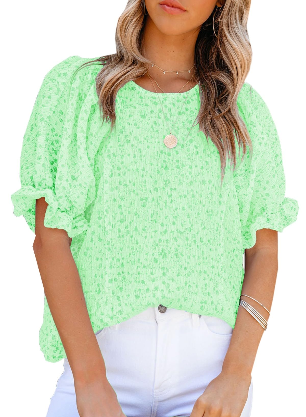 Dokotoo Floral Print Blouses for Women Crewneck Smocked Puff Sleeve Shirts Casual Babydoll Tops