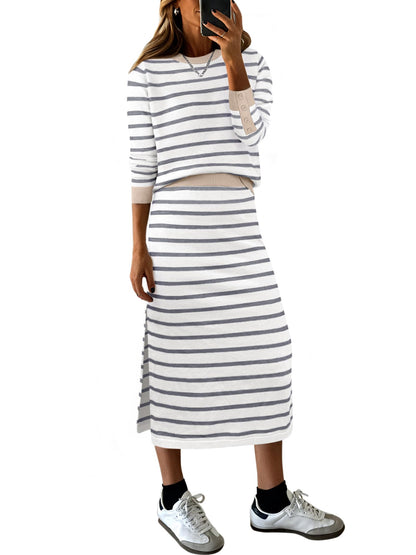 ANRABESS 2 Piece Skirts Sets For Women Fall Fashion 2025 Striped Sweater Midi Dress Knit Lounge Travel Outfits Winter Clothes
