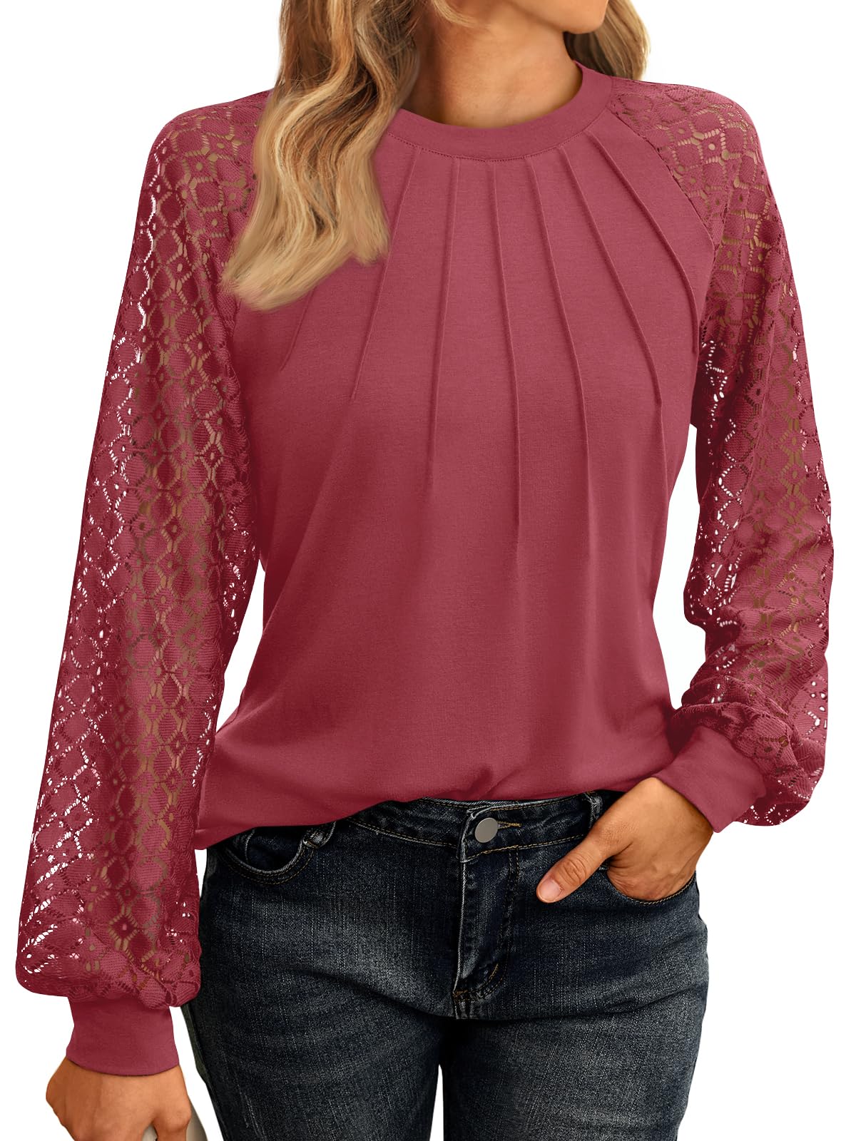 AUTOMET Womens Long Sleeve Shirts Pleated Lace Tops Fall Fashion Outfits Business Casual Blouses