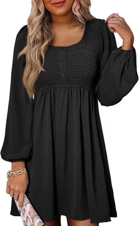 Dokotoo Womens 2025 Casual Dresses Smocked Crewneck Button Up Long Sleeve Empire Waist A-Line Mini Dress