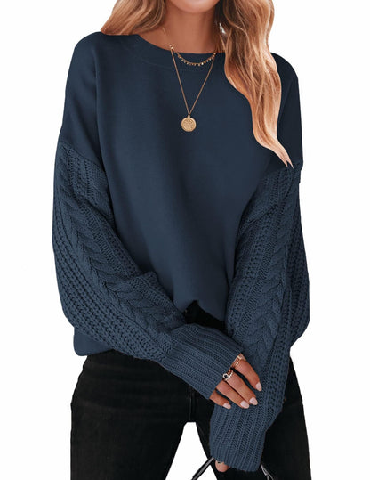 ZESICA Women's Fall Long Sleeve Crew Neck Solid Color Cable Knit Chunky Casual Oversized Pullover Sweater Tops