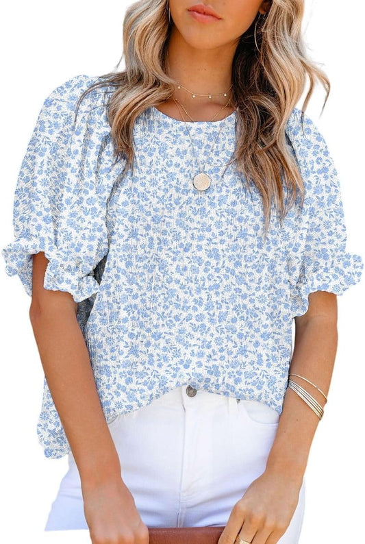 Dokotoo Floral Print Blouses for Women Crewneck Smocked Puff Sleeve Shirts Casual Babydoll Tops