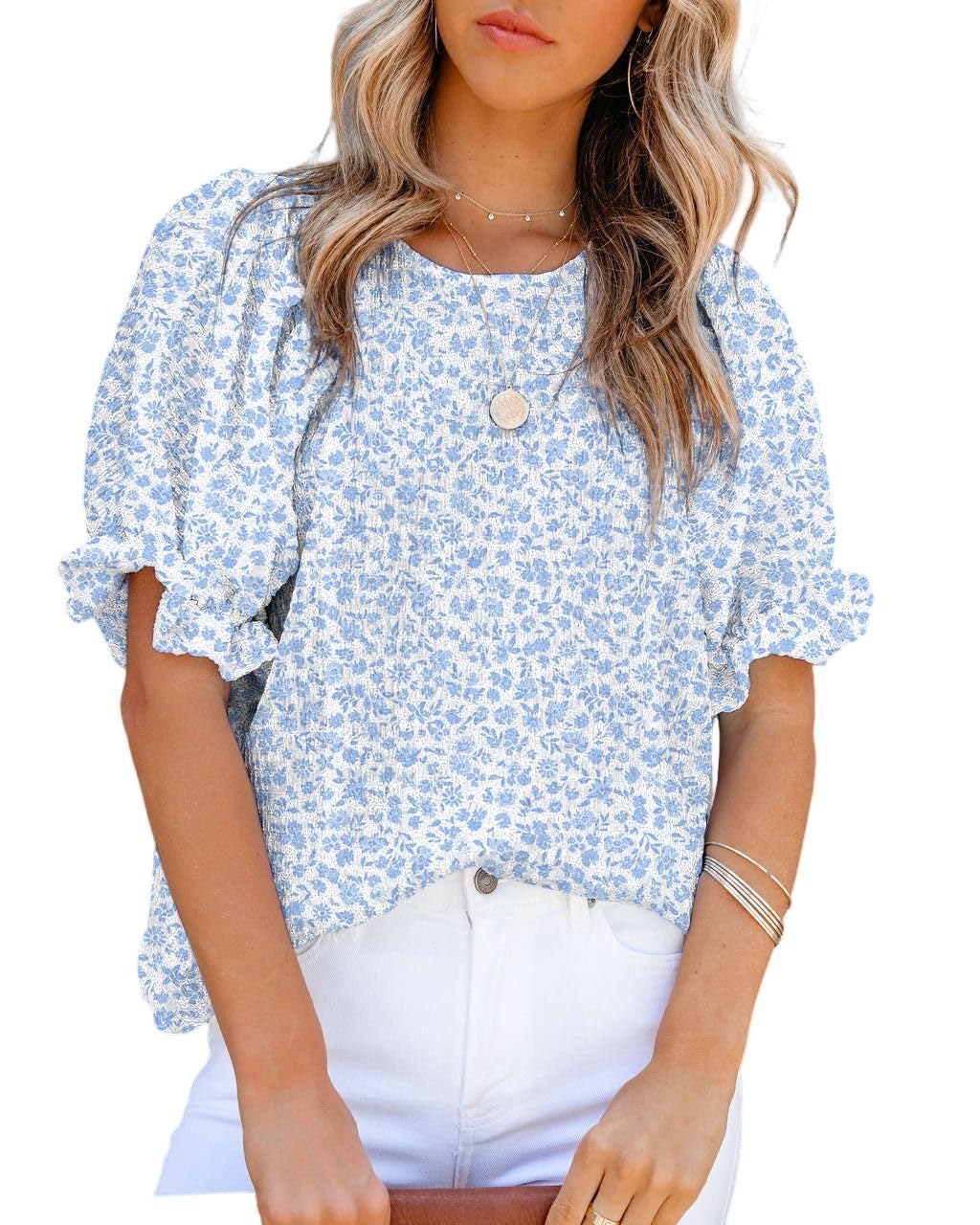 Dokotoo Floral Print Blouses for Women Crewneck Smocked Puff Sleeve Shirts Casual Babydoll Tops