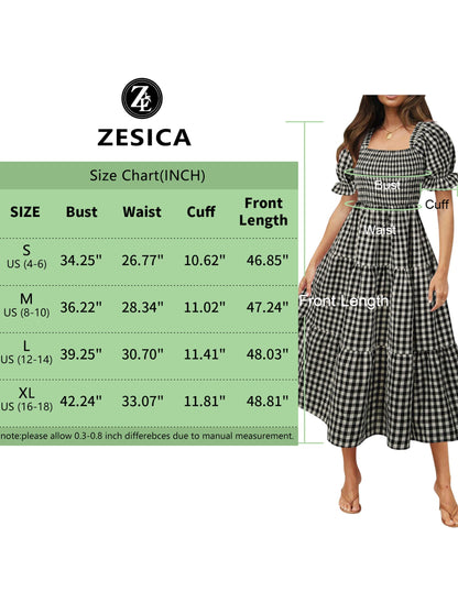 ZESICA Women's 2025 Bohemian Summer Plaid Square Neck Puff Sleeve Ruffle Flowy Beach Midi Dress